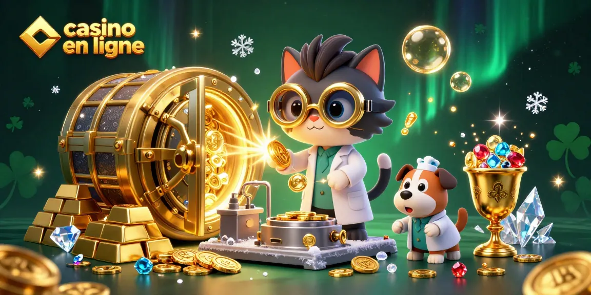 Gagnez au casino en ligne avec un chat scientifique et son fidèle assistant, entourés de trésors scintillants