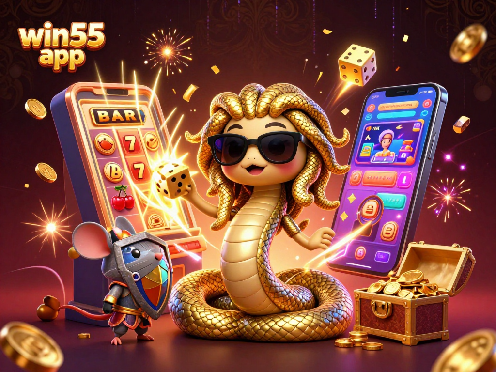 Play the win55 app for a thrilling jackpot experience featuring 3D Medusa and a warrior mouse.