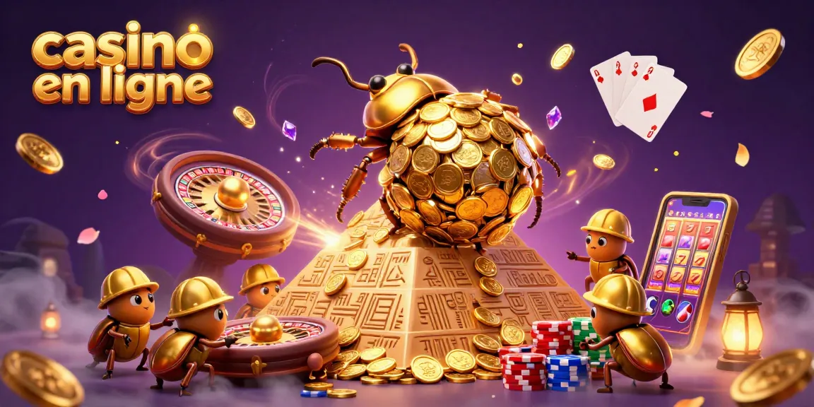 Jouer au casino en ligne avec un scarabée doré et des pièces scintillantes dans une scène dynamique.