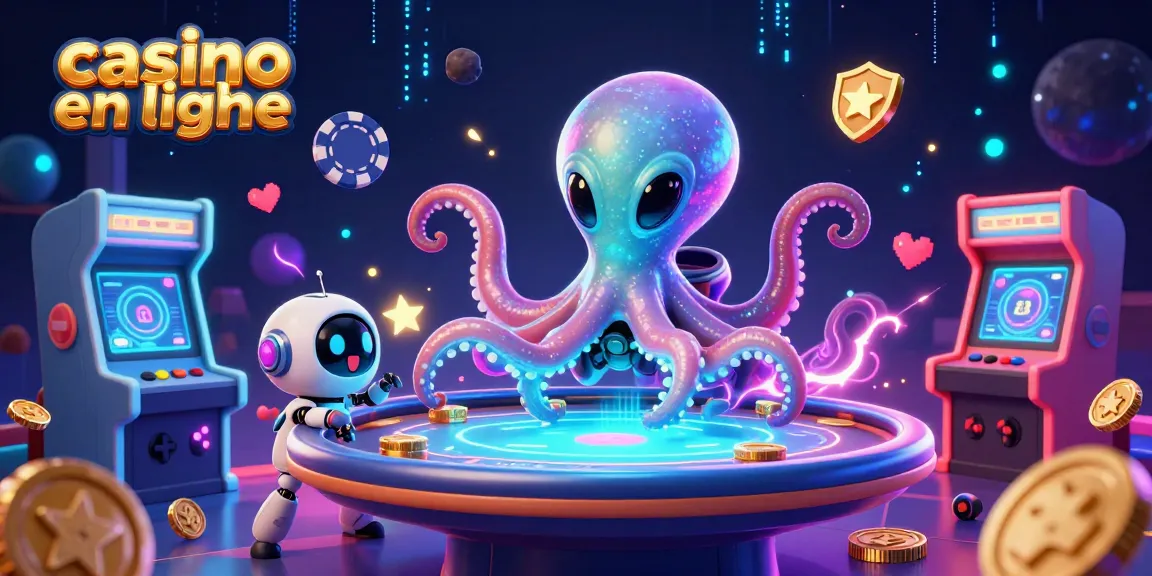 Illustration de casino en ligne avec un octopus extraterrestre jouant au poker sur une table holographique, entouré de machines à sous 3D.