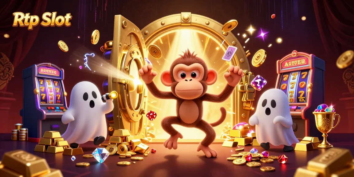 Engage with Rtp Slot as the golden monkey juggles wealth amidst a vibrant haunted casino.