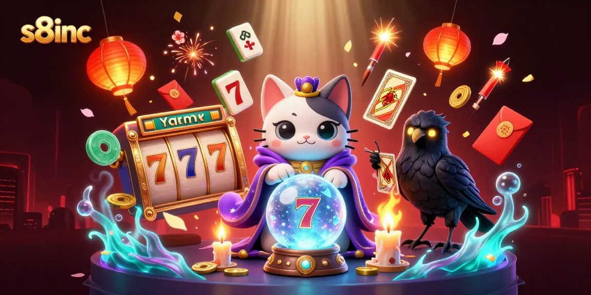 Engage with s8inc's vibrant casino scene featuring a mystical cat and dynamic gaming elements.