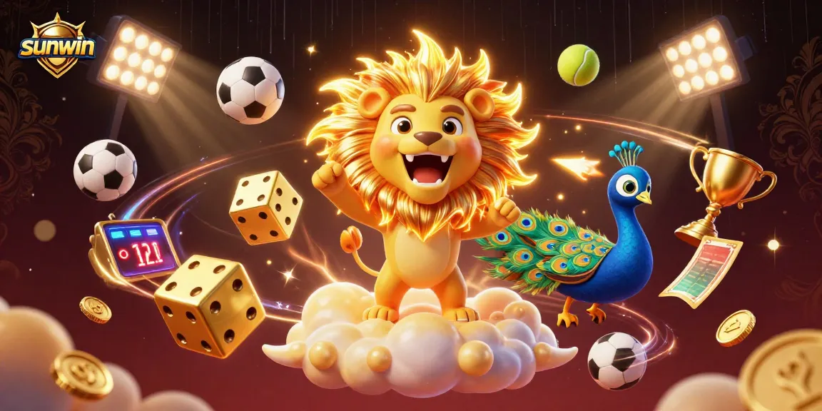 Experience the thrilling wins at Sunwin's vibrant casino showcased by an exhilarating 3D lion, dice, and sports elements.