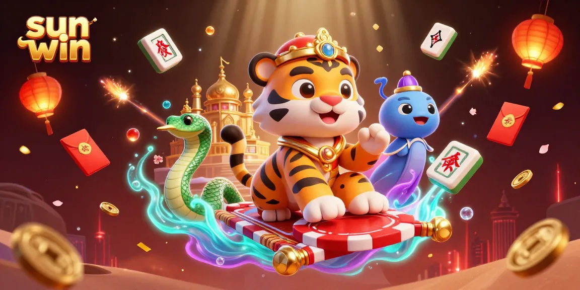 Experience the thrill of sun win with vibrant casino-themed 3D illustration showcasing a tiger sultan amidst dazzling game elements.