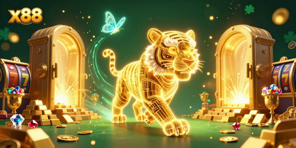 x88 brings luck in a digital casino scene with a neon-tiger and vibrant slot reels.