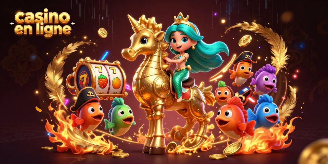 Jouez dans un casino en ligne avec une princesse sirène et un hippocampe en armure, entourés de pièces et de feux d'artifice.