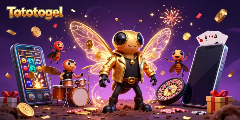 Gambarkan Tototogel dengan rock star jangkrik, drummer beetle dan suasana permainan kasino yang meriah.