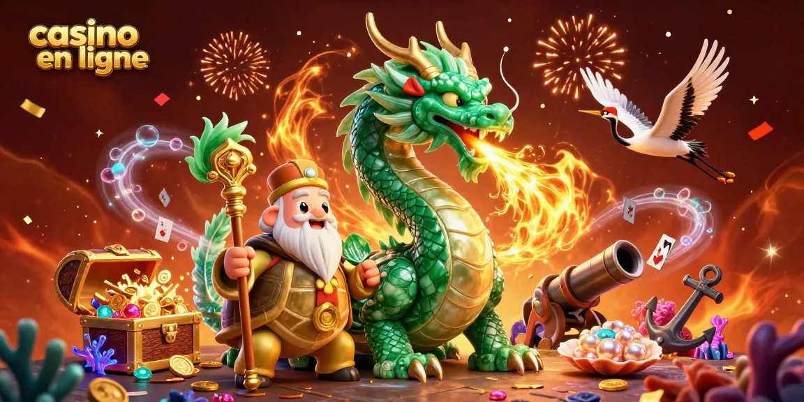 Découvrez un dragon émeraude et un sage tortue dans un casino en ligne vibrant avec des éléments de jeu colorés.