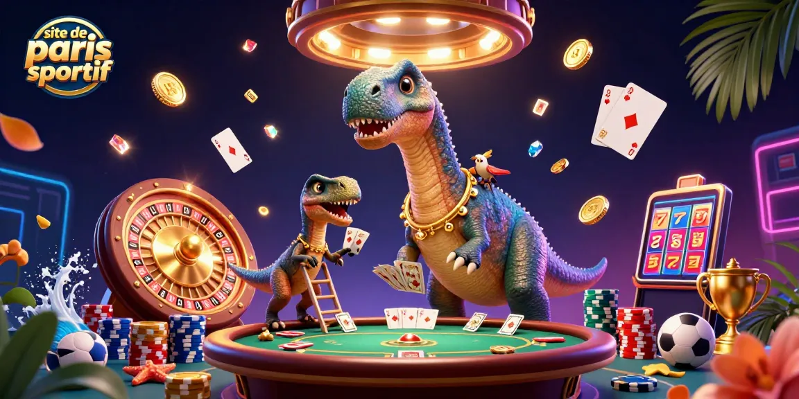 Pariez avec site de paris sportif dans une scène animée de casino avec un brontosaurus géant et un raptor.