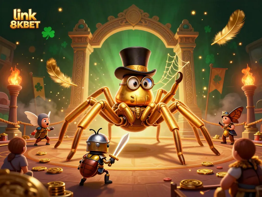 Engage with dazzling gaming action at link 8KBET, featuring a golden tarantula and beetle knight amidst vibrant casino elements.