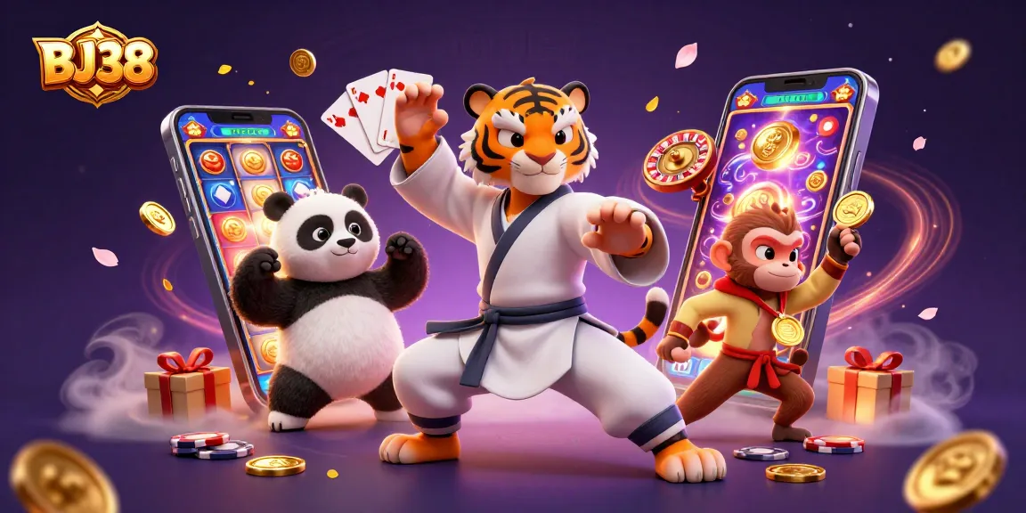 Engage in exciting gameplay at BJ38, featuring a vibrant display of casino elements and characters.