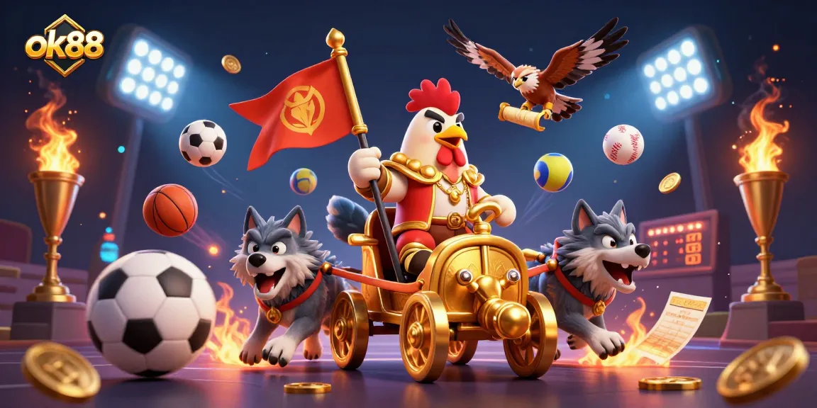 Engage with the energetic ok88 gaming scene featuring a rooster warlord and vibrant sports elements.