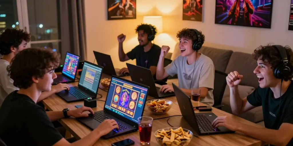 Excited players engaging in slot gacor games at home with colorful screens and cozy ambiance.