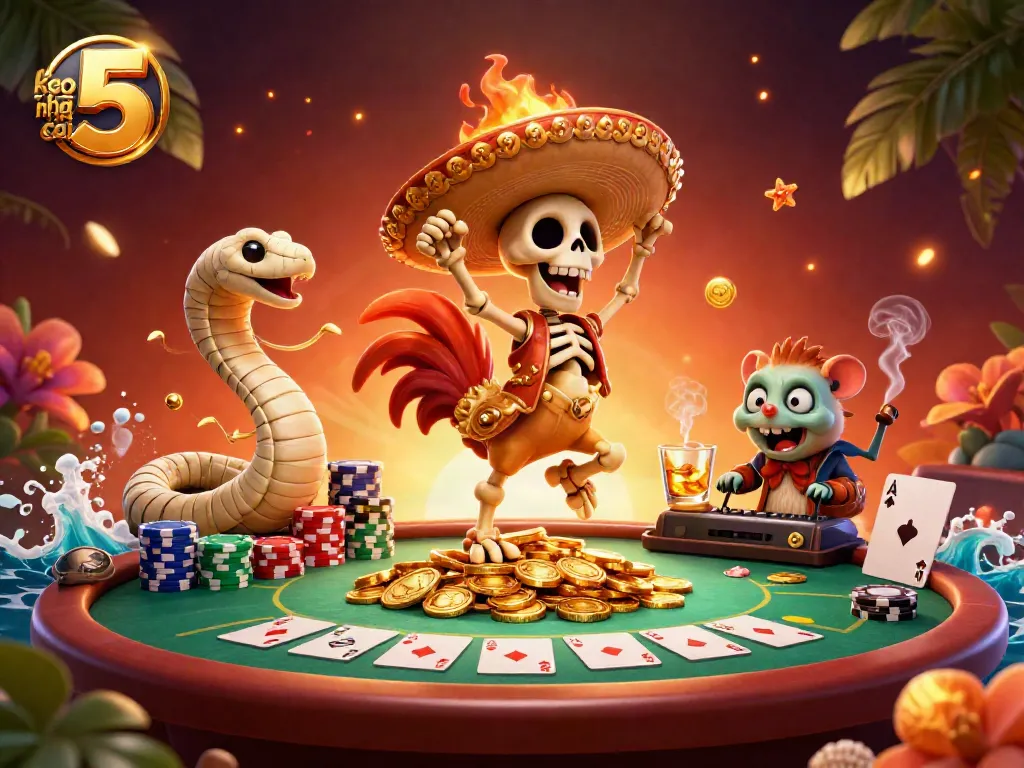 Experience the excitement of keo nha cai 5 with a vibrant scene of cartoon characters celebrating at a poker table.