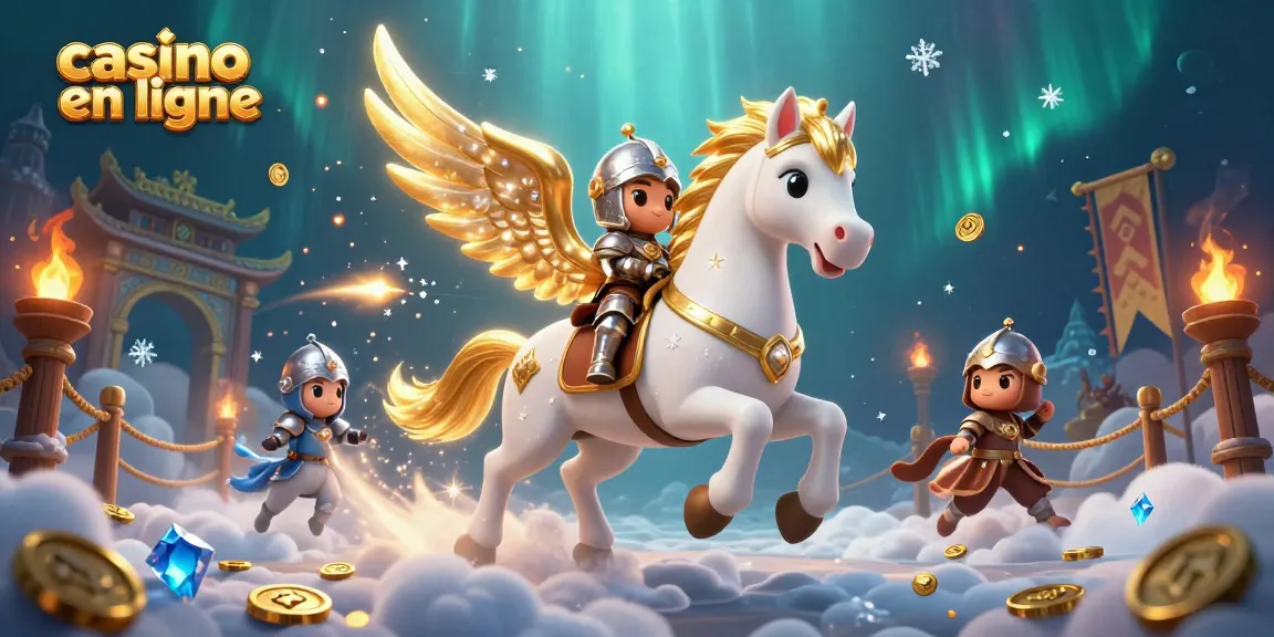 Illustration de casino en ligne avec un cheval céleste et un chevalier, remplie de pièces d'or et d'effets lumineux.