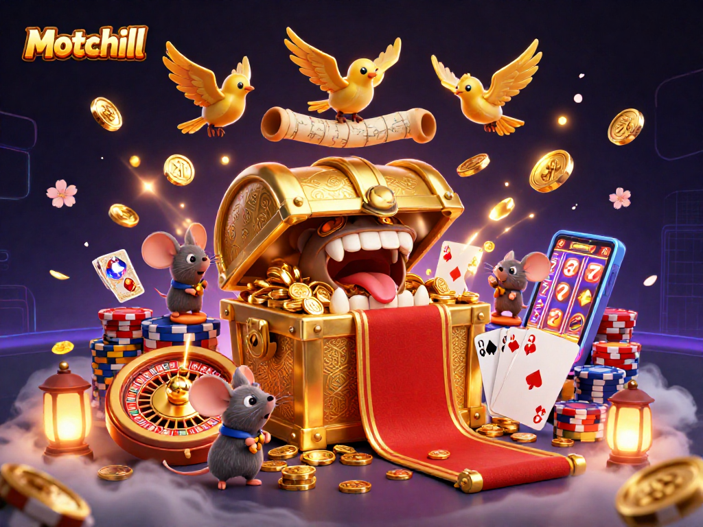 Motchill entices players with a vibrant illustration of a cartoon treasure chest amid a flurry of winning casino elements.