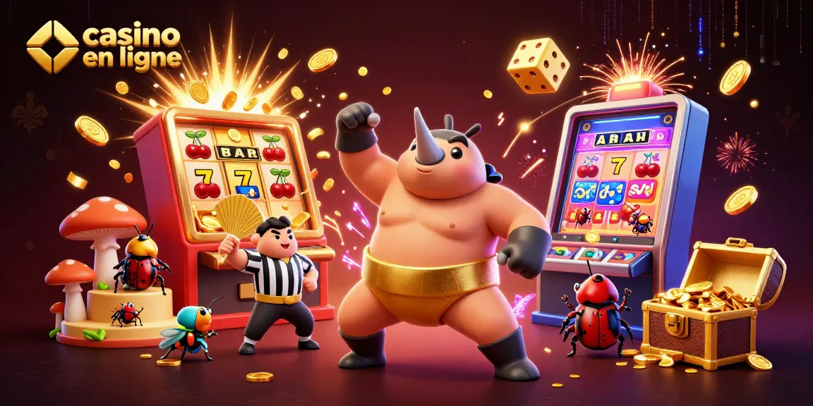 Illustration dynamique mettant en scène un champion sumo rhinocéros en ceinture dorée, action de casino en ligne en fête