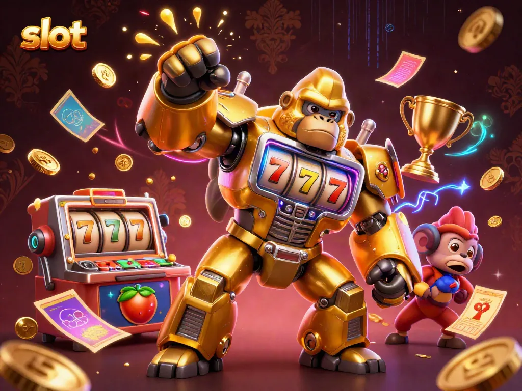 Experience thrilling slot action with vibrant gorilla mech and dynamic elements in this energetic illustration.