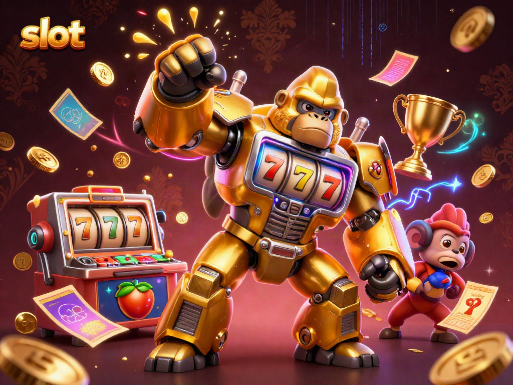 Experience thrilling slot action with vibrant gorilla mech and dynamic elements in this energetic illustration.