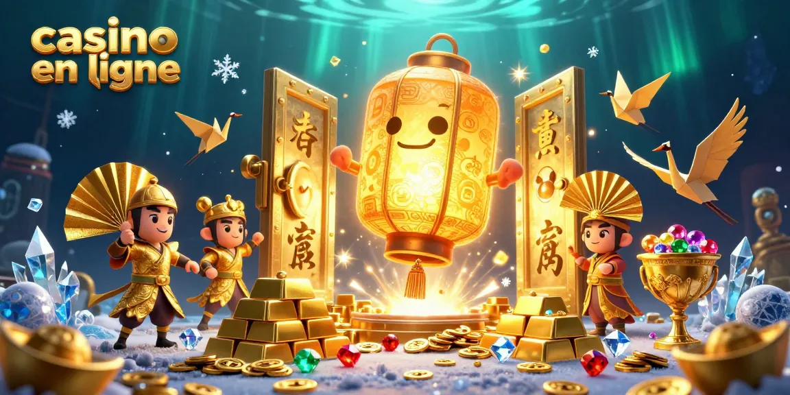 Illustration dynamique de casino en ligne avec une animation en 3D mettant en scène des personnages lumineux et des éléments de jeu, symbolisant la chance.