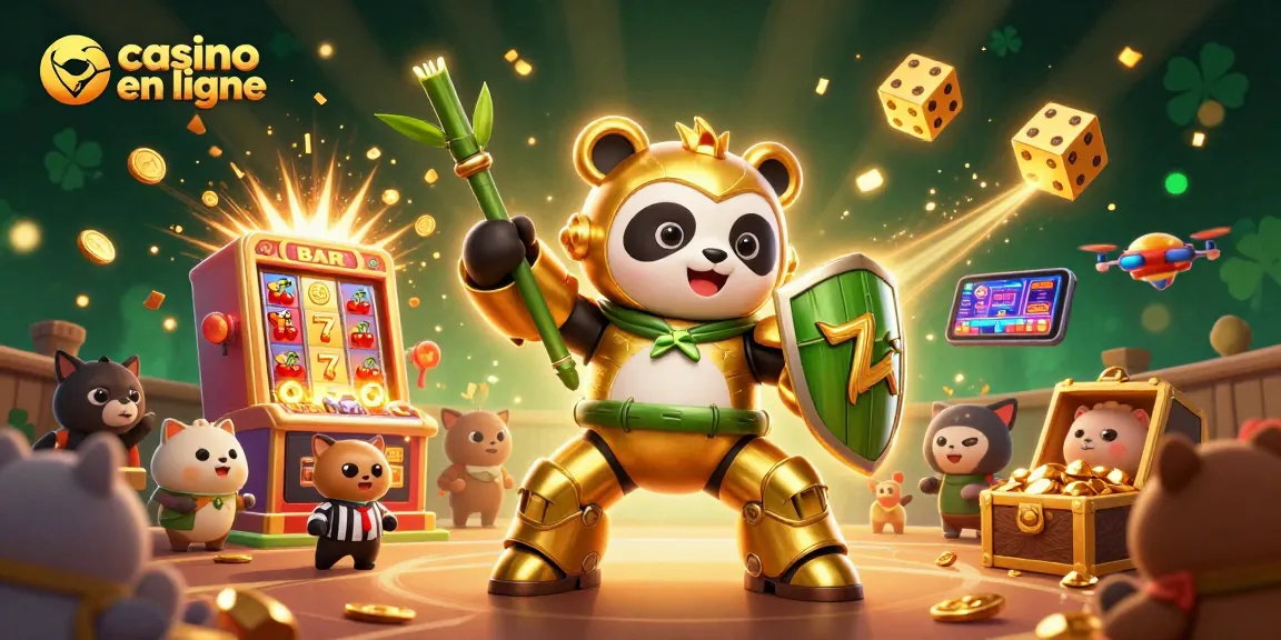 Une illustration 3D de casino en ligne avec un panda en mécha au milieu d'une explosion de jackpot.