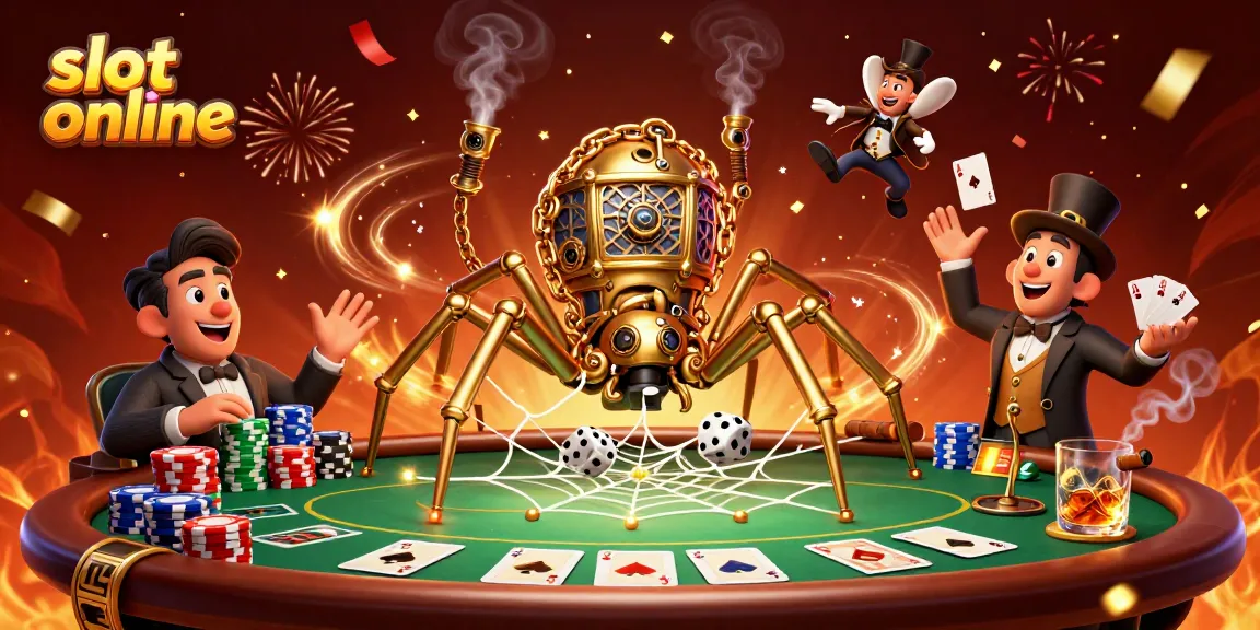 Experience the excitement of slot online with golden spiders and poker elements in a vibrant casino scene.