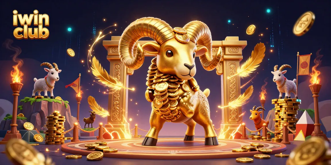 Engage with the iwin club featuring a golden ram in a dynamic casino arena illustration.