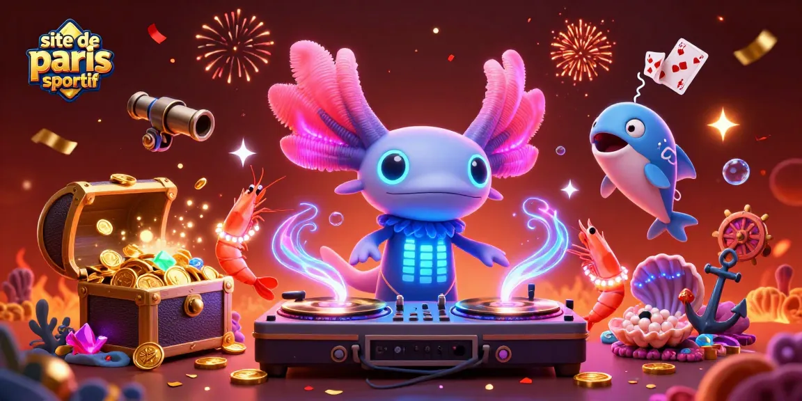 Un site de paris sportif animé avec un DJ axolotl sous-marin entouré de créatures dansantes et d'éléments festifs.