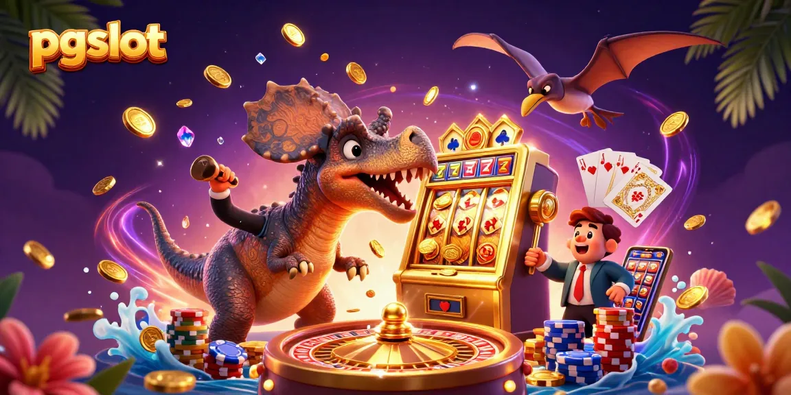 pgslot scene with a dinosaur interacting with a slot machine amidst cascading coins and vibrant casino elements