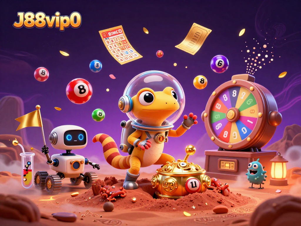 Experience thrilling wins at J88vip0's casino with a Martian gecko and lottery excitement!