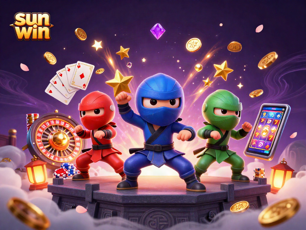 Sun win illustration featuring ninja chameleon team amidst casino elements, showcasing exciting gambling action.