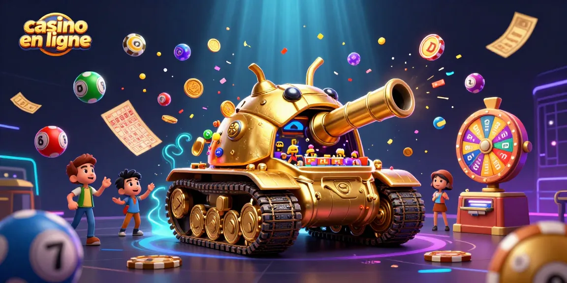 Gagnez sur casino en ligne avec un tank doré révélant un casino miniature et des éléments de jeu dynamiques.