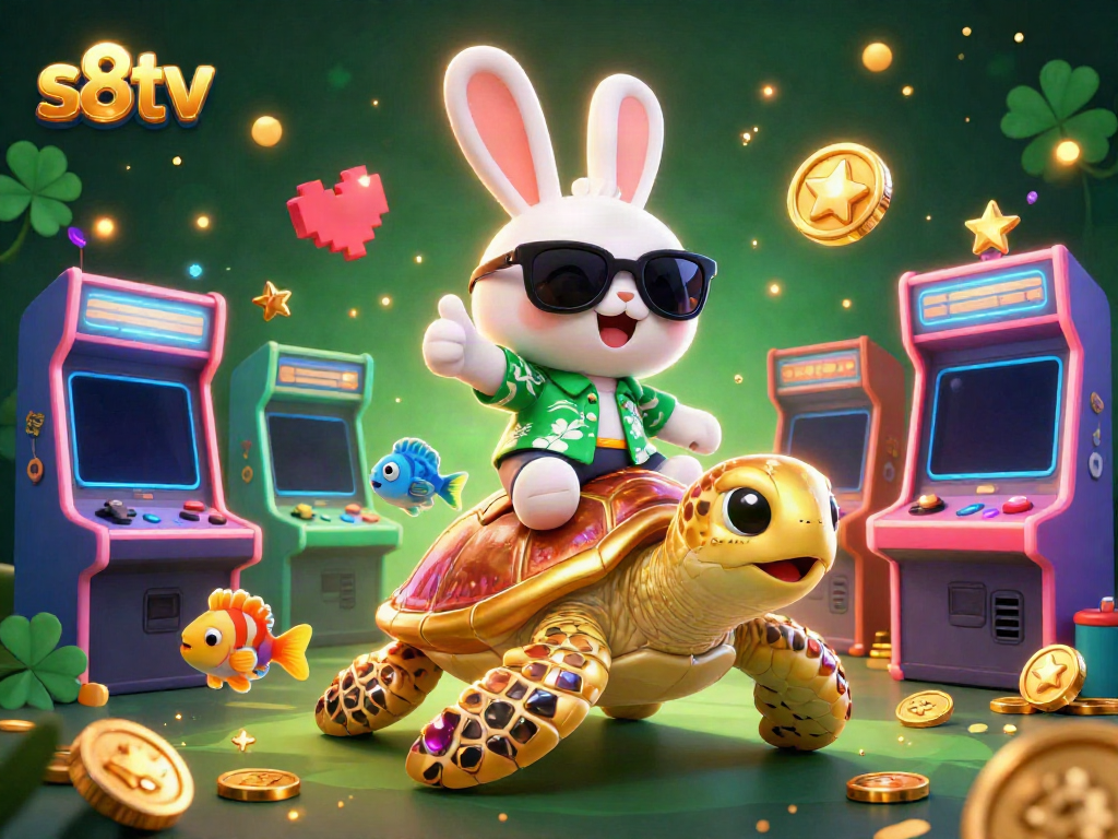 Experience the excitement of s8tv with a lucky rabbit and a golden turtle in a vibrant casino-themed scene.