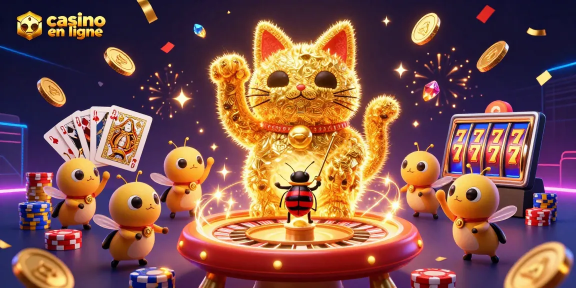 Célébrez avec le casino en ligne grâce à une illustration dynamique d'une illustration cartoon 3D de feuilles d'or formant un chat chanceux.