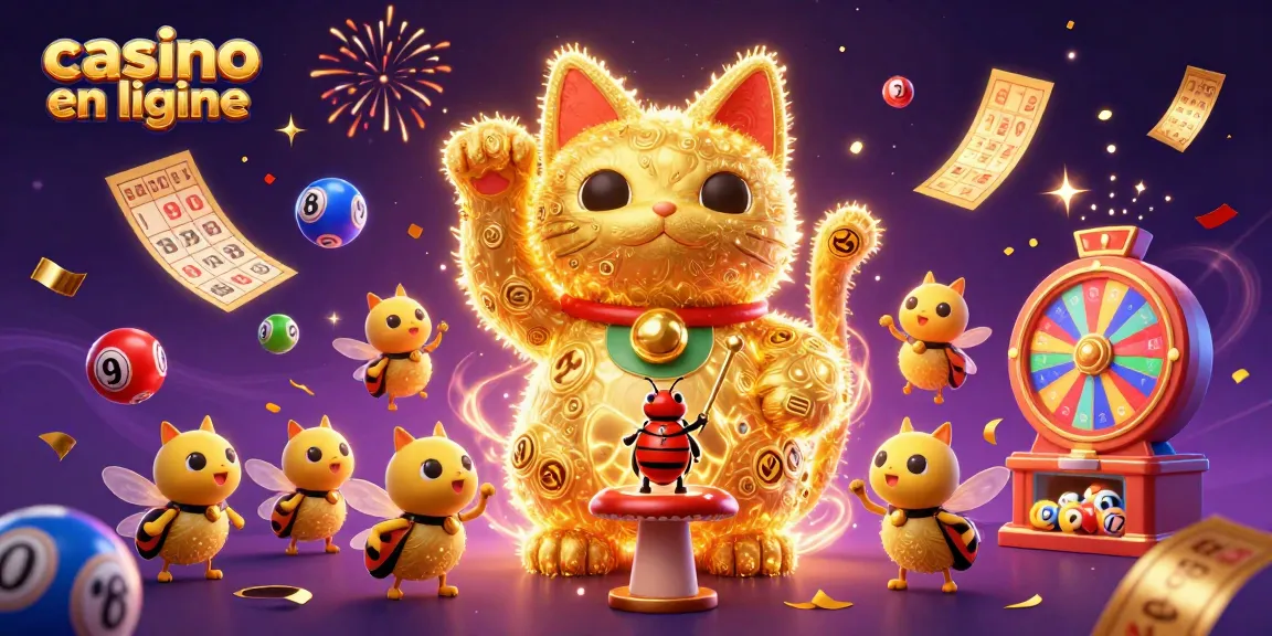 Découvrez la magie des casinos en ligne avec un chat porte-bonheur vibrant entouré de loteries et de prix.