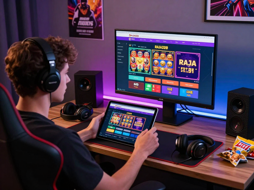 Exciting gaming session with situs raja328 displayed on tablet, vibrant gaming chair, and modern gaming setup.
