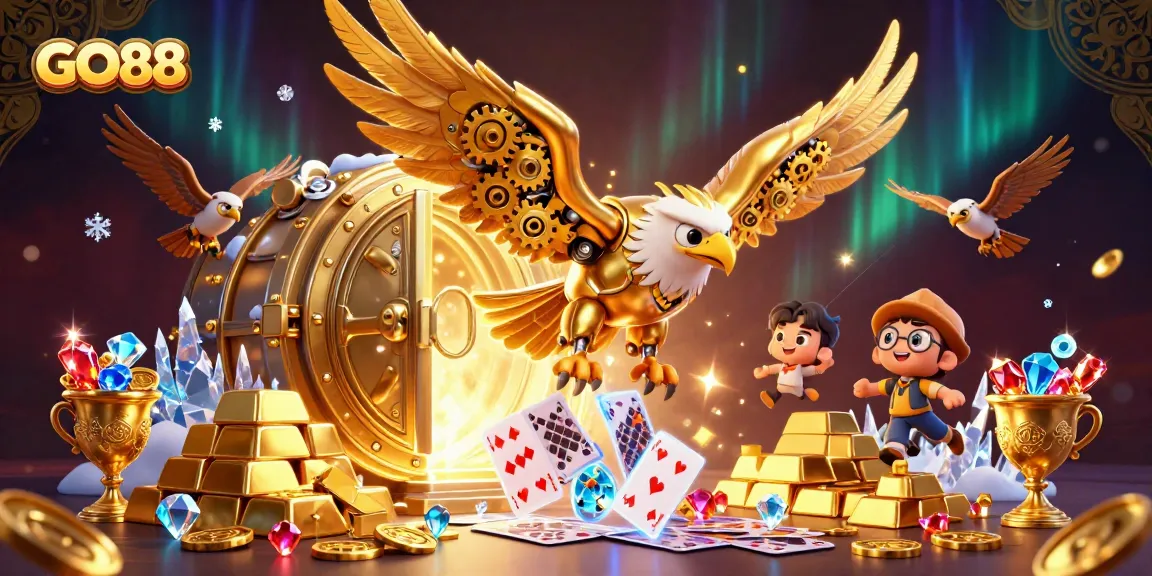 Experience the thrill of GO88 gaming with a vibrant 3D illustration featuring treasure vaults, holographic elements, and a cybernetic eagle.