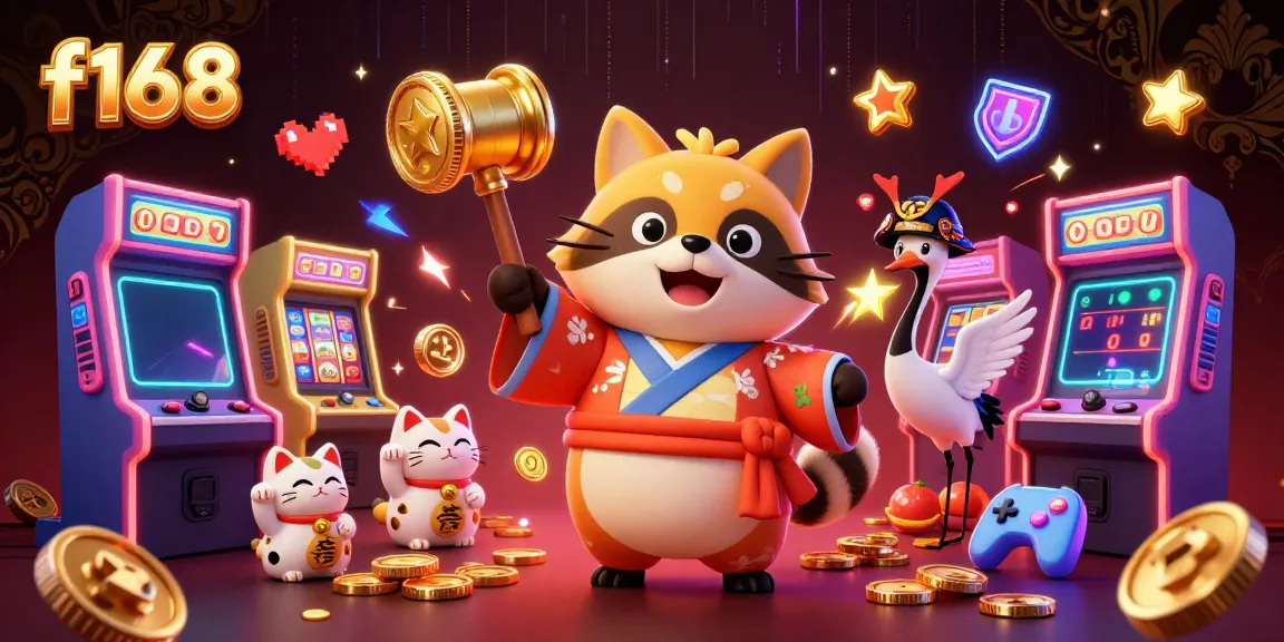 Spin the reels with F168's cheerful tanuki and lucky symbols in a vibrant casino scene.