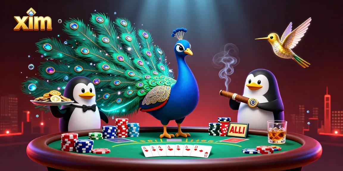 Experience thrilling poker action at xim with a vibrant peacock and sparkling chips in this captivating illustration.