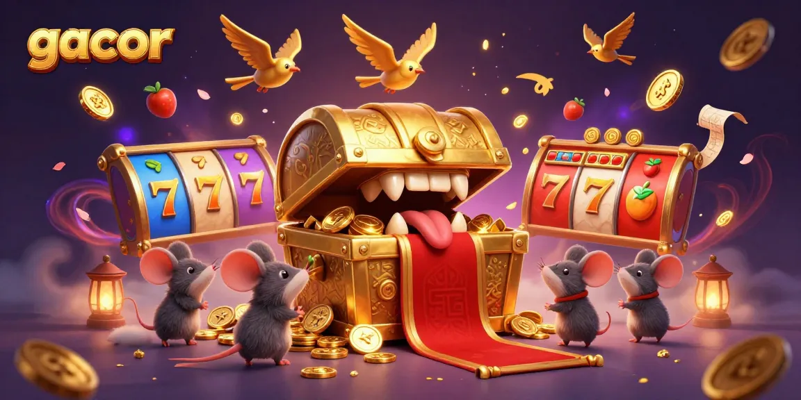 Experience gacor action with a treasure chest and winning slots amidst a wealth of dynamic casino elements.