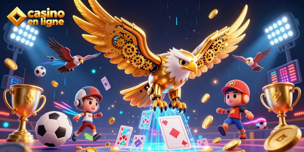 Jouez sur un casino en ligne avec des jeux et un aigle cybernétique dynamique parmi des cartes holographiques.