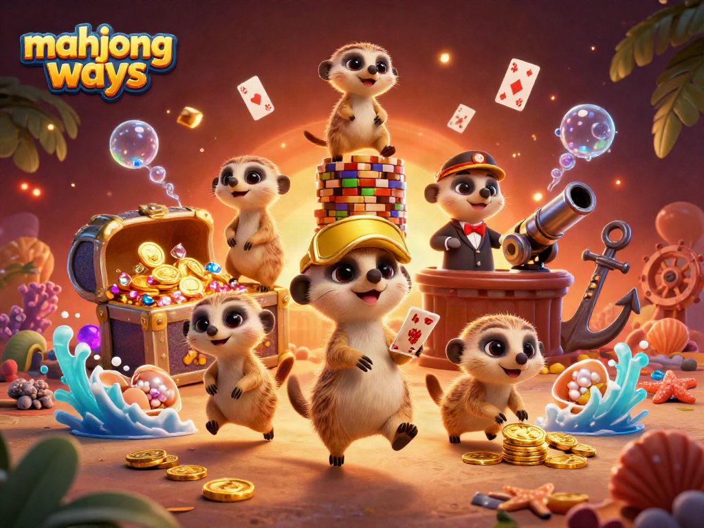 Experience mahjong ways in this vibrant 3D illustration of meerkats managing a casino.