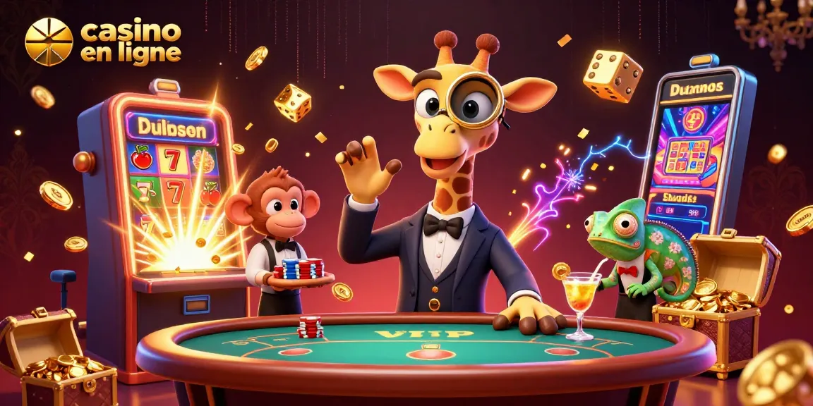 Les jeux de casino en ligne s'animent avec une girafe élégante, un valet singe et un barman caméléon.