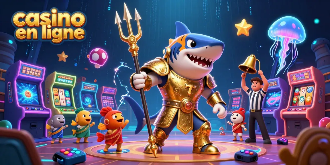Plongez dans l'univers du casino en ligne avec des machines à sous dynamiques et un requin tigre armuré dans une scène vibrante.