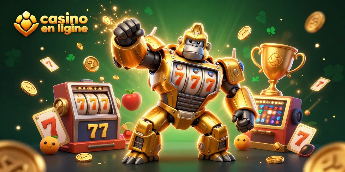 Casino en ligne avec une illustration 3D dynamique de gorille en or transformeur et éléments de machines à sous.