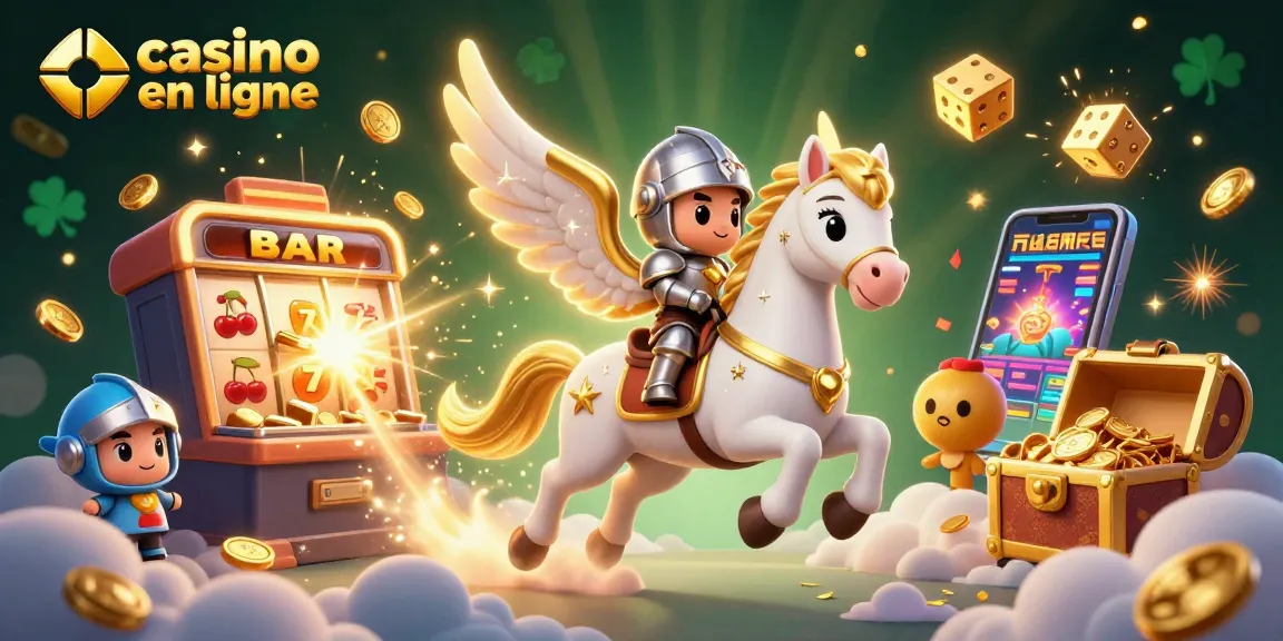 Jouez dans un univers fascinant de casino en ligne avec un cheval céleste, des machines à sous éclatantes et des pièces d'or.
