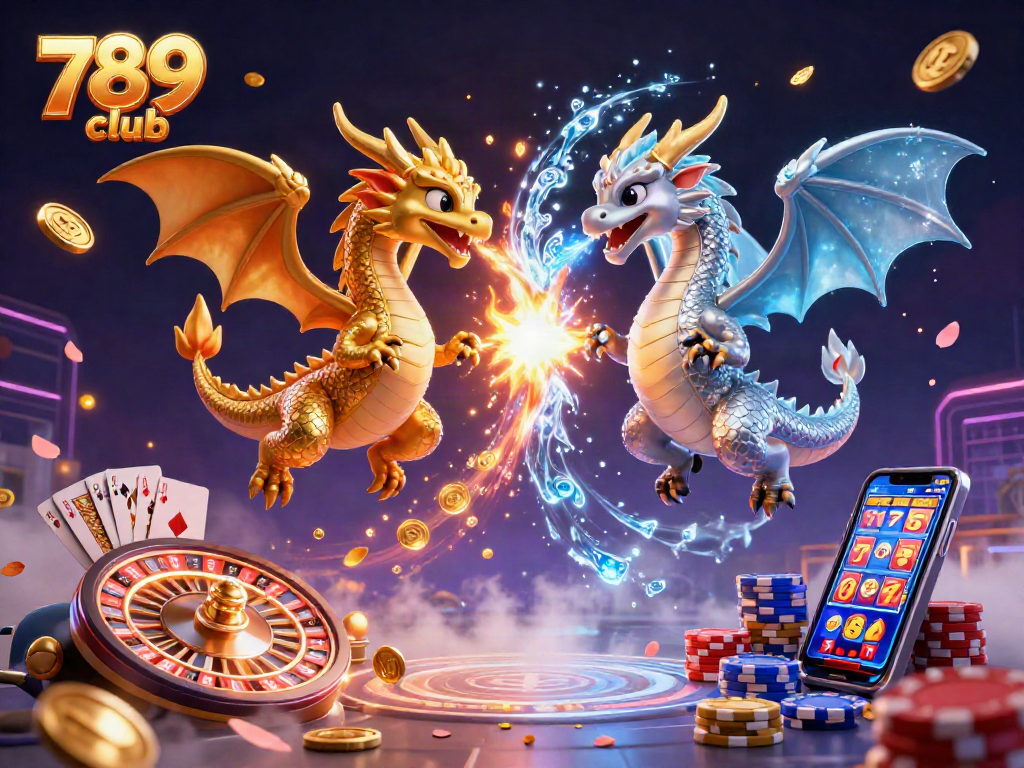 Engage with 789 club's thrilling gaming experience captured in a vibrant 3D scene, featuring dragons, casino elements, and rich graphics.