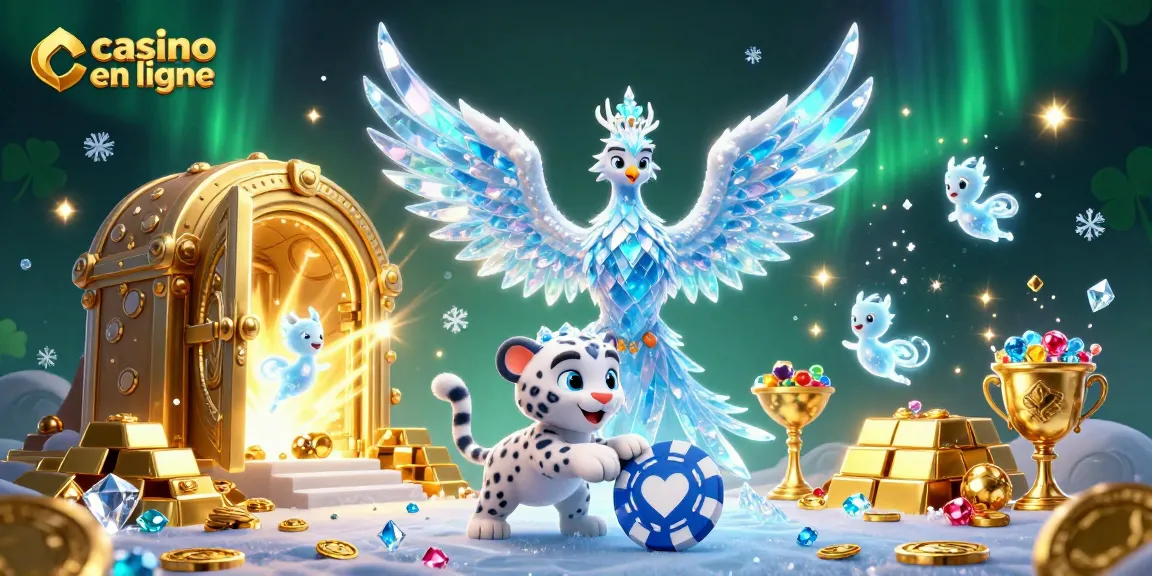 Une illustration 3D captivante mettant en avant le casino en ligne, avec un phénix de glace et un chat léopard.