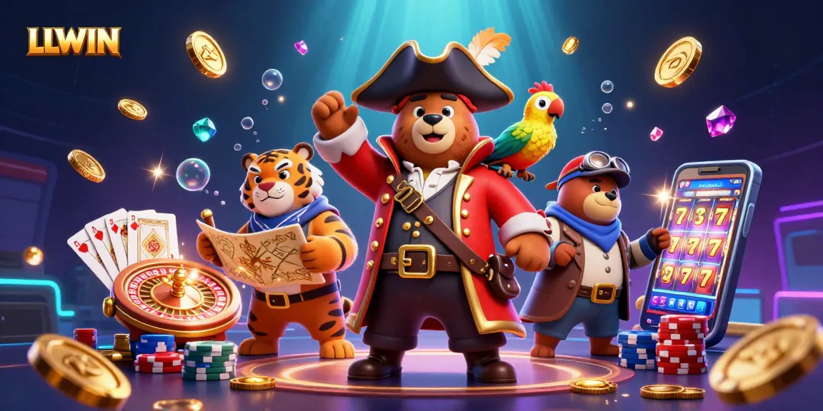 LLWIN showcases exciting gameplay with a pirate captain, tiger mate, and treasure elements amidst casino riches.
