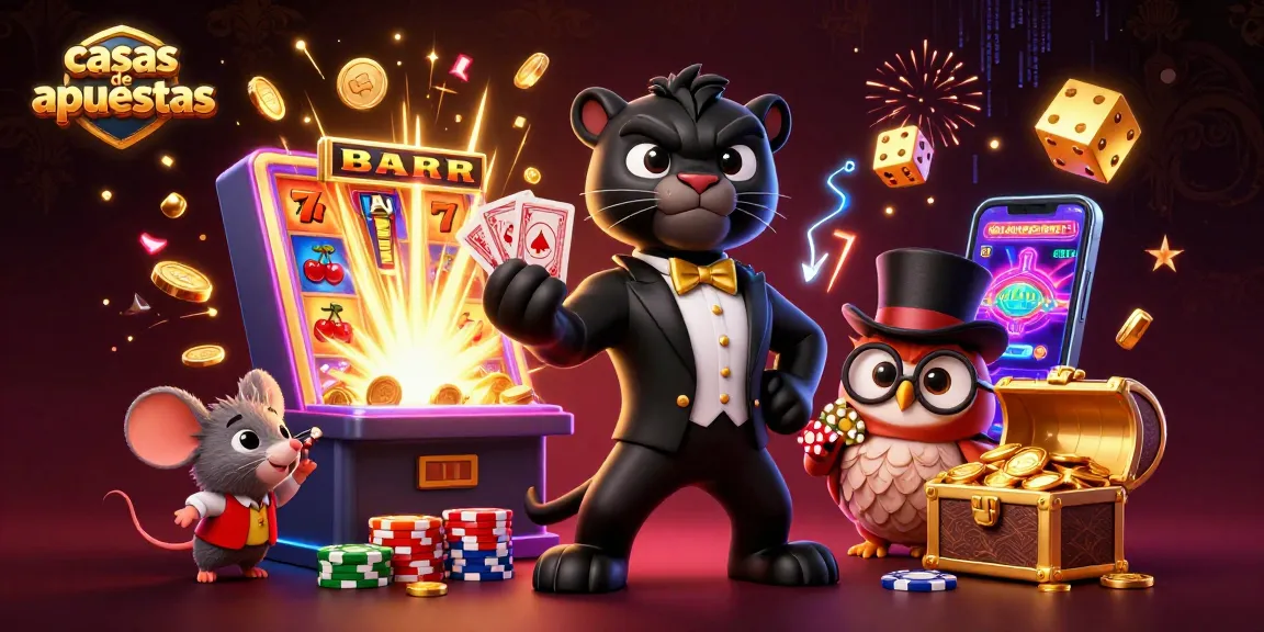Mejores casas de apuestas mostrando una escena de juego con personajes 3D y una máquina tragamonedas.